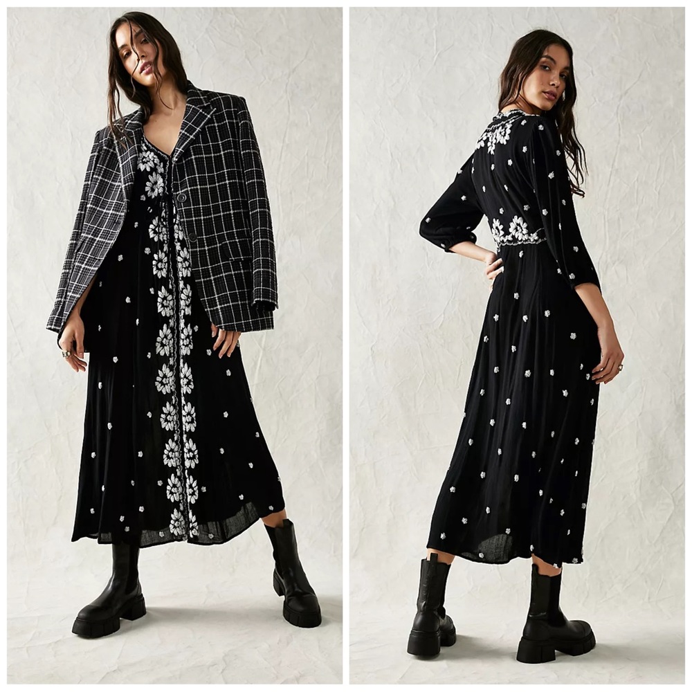 Free People Black and White Embroidered Fable Midi Dress XS